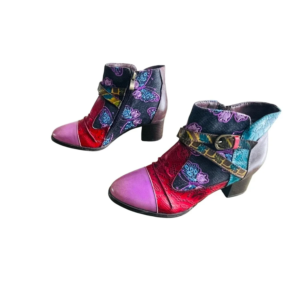 Socofy Patchwork Butterfly Embroidered Ankle‎ Boots Floral Block Heel 36 US 5.5